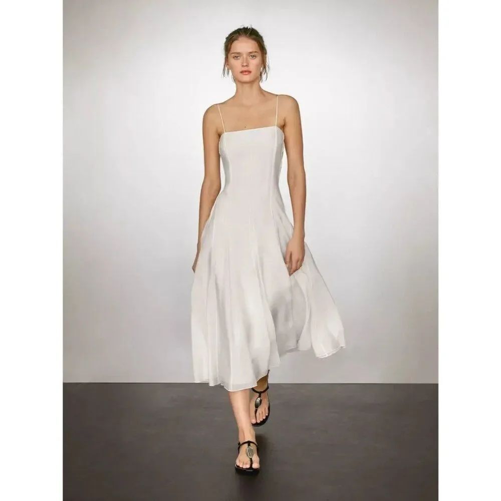Massimo Dutti Womens Midi Dress EU 42 US 10 Ecru Cream Strappy 6639/530 NWT
